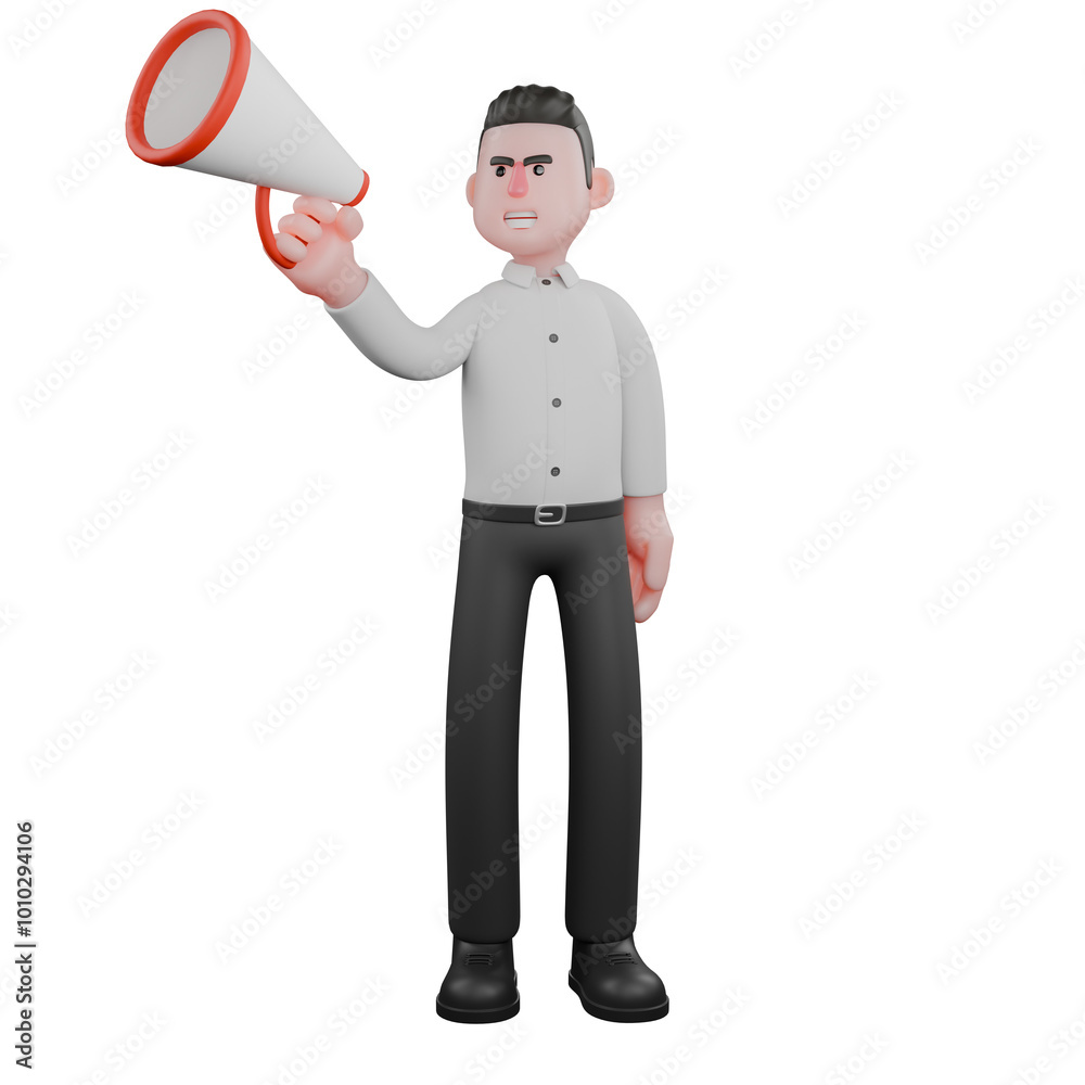 Animated Male Businessman. A male businessman stands with his right hand holding a loudspeaker. 3D Strategy Professional Animated Male Businessman. A male businessman stands with his right hand holding a loudspeaker. 3D Strategy Professional
