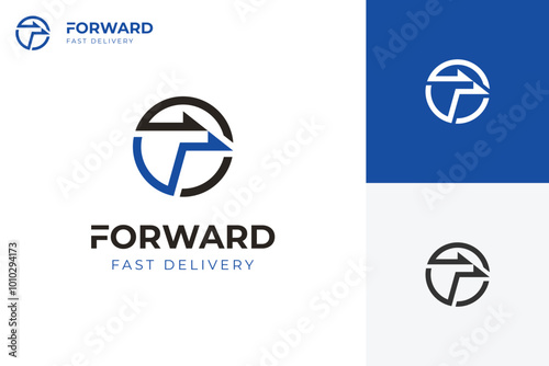 Arrow forward logo icon design with letter F next logo symbol for finance and logistic logo template