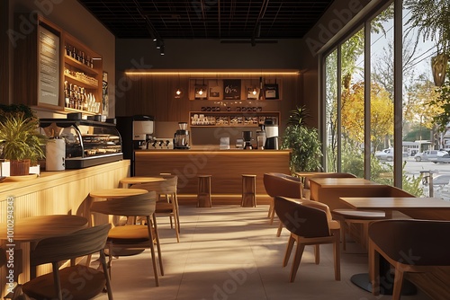 Modern coffee shop interior design with wooden furniture  bar counter  and large windows overlooking a city street