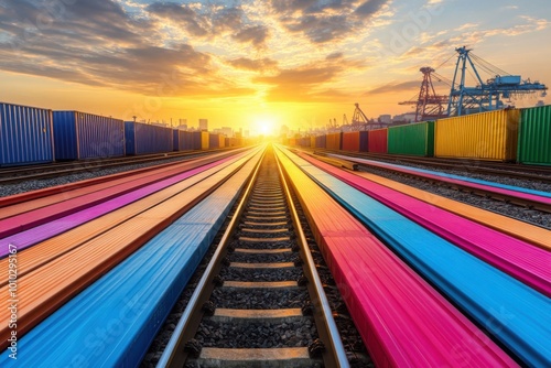 Colorful shipping containers on railway tracks at sunrise