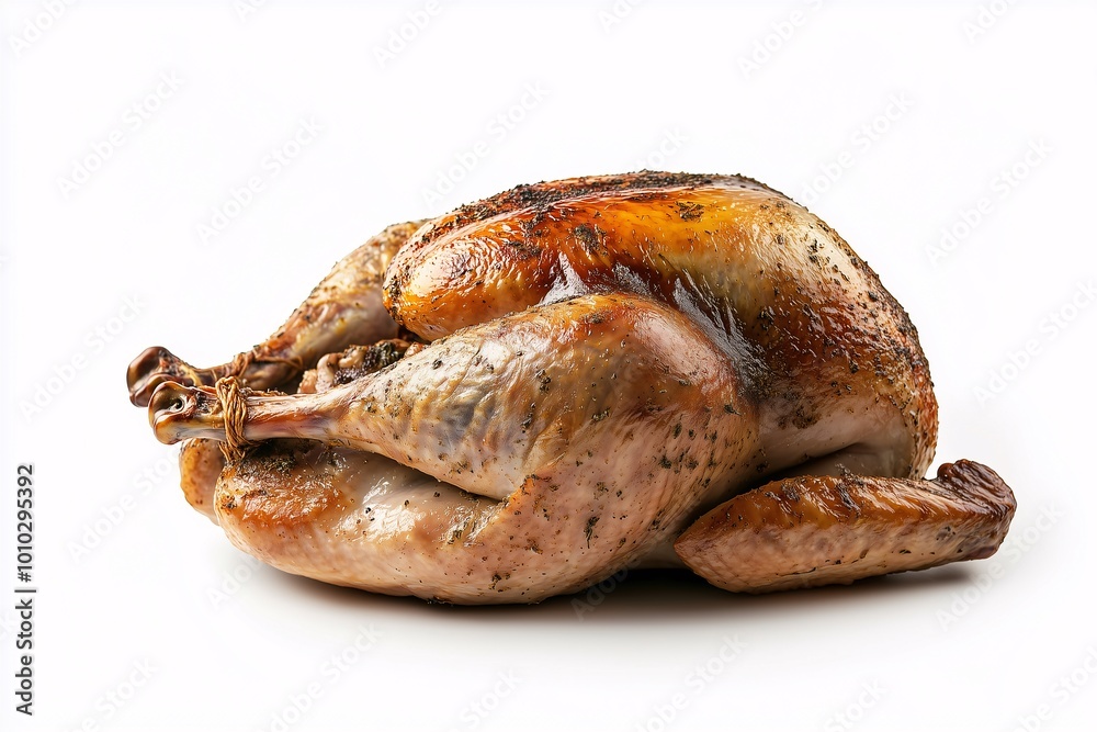 A whole, smoky-roasted turkey with browned skin and meat visible beneath it, holiday feast concept, thanksgiving, traditional cuisine A whole, smoky-roasted turkey with browned skin and meat visible beneath it, holiday feast concept, thanksgiving, traditional cuisine