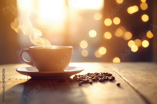 Steaming Cup of Coffee with Beans in Warm Morning Light