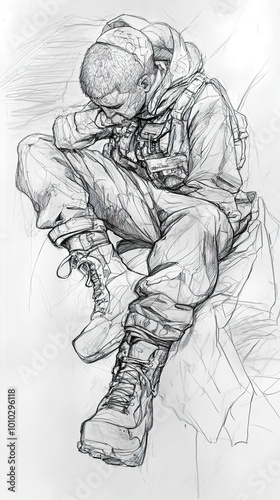 Pencil Sketch of a Tired Soldier in Combat Gear