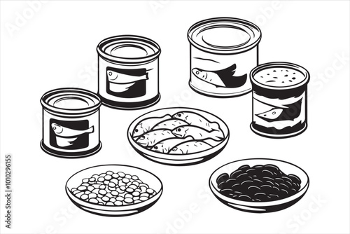 A set of canned fish caviar squid and seaweed Delicious seafood In black ink