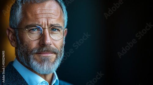 A close-up portrait of a mature man with glasses and a beard, exuding confidence and wisdom.