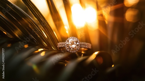 Engagement Ring on Palm Leaf with Sun