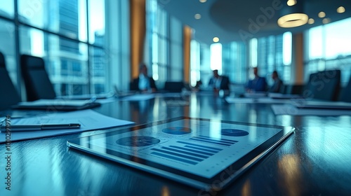 A conference room with a tablet displaying data analytics and a business meeting in progress.