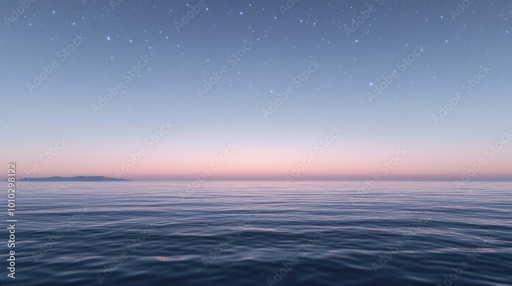 Obraz premium A serene twilight sky, with the last light of day fading away and stars beginning to appear above a quiet, calm sea.
