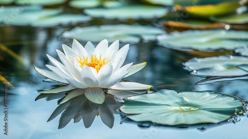 A single white lotus flower floating on a clear pond, surrounded by green lily pads and gently rippling water, symbolizing purity and calmness.