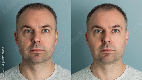 Before-and-after images of a man who has undergone plastic surgery, showcasing changes in his appearance. photo