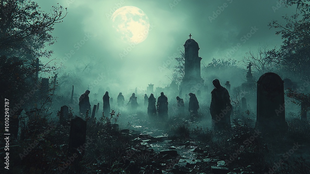 Eerie Group of Figures in Moonlit Graveyard Eerie Group of Figures in Moonlit Graveyard