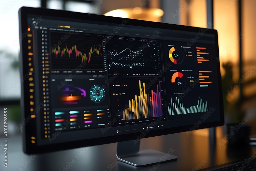 Close up of computer screen with data analysis charts and graphs, business analytics, finance, stock market Close up of computer screen with data analysis charts and graphs, business analytics, finance, stock market