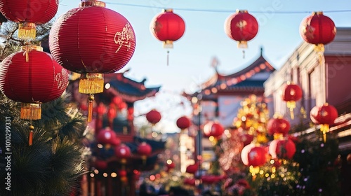 A vibrant street scene with red lanterns and decorations for Chinese New Year