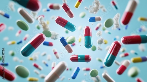 Multi-colored pills and capsules of drugs flying in all directions