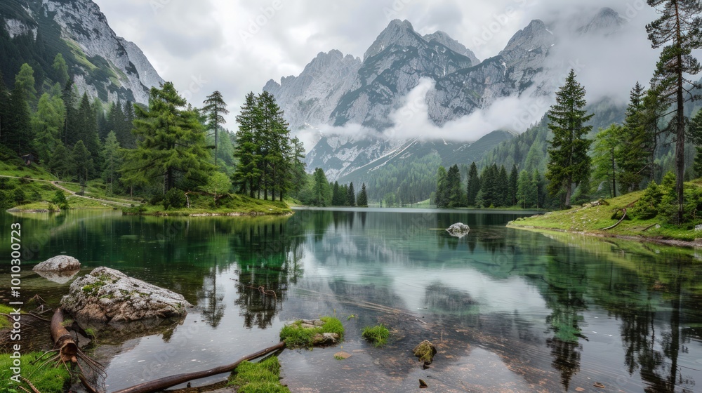 Fototapeta premium Serene Mountain Lake with Misty Peaks