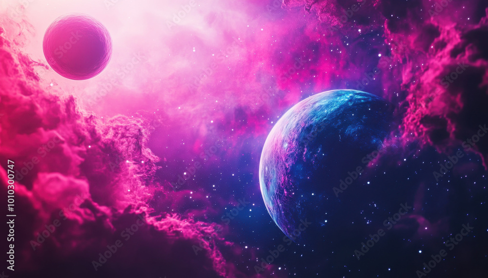 Obraz premium Vibrant cosmic scene with colorful planets enveloped in vivid nebulae, creating a dreamlike space landscape filled with pink and purple hues, stars dotting the background.