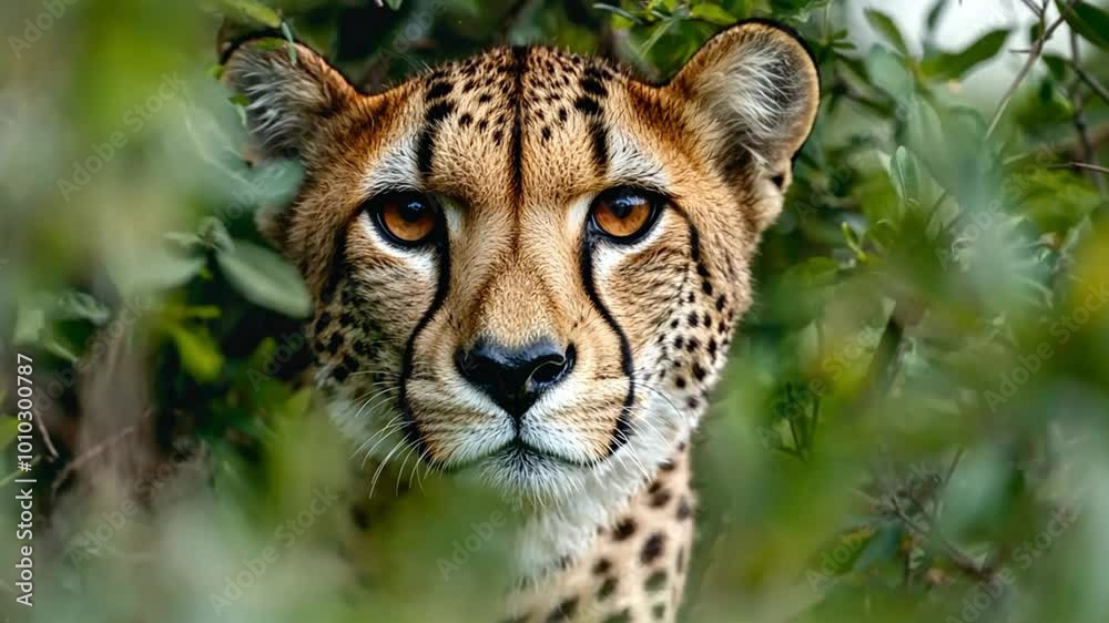 Close-up of a cheetah's face looking directly at the camera, hidden behind green leaves. Close-up of a cheetah's face looking directly at the camera, hidden behind green leaves.