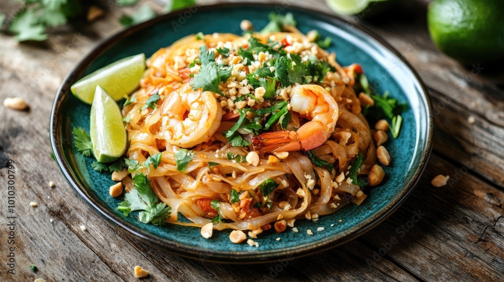 A vibrant plate of Pad Thai with shrimp, topped with crushed peanuts, lime wedges, and fresh cilantro, served on a rustic wooden table. A vibrant plate of Pad Thai with shrimp, topped with crushed peanuts, lime wedges, and fresh cilantro, served on a rustic wooden table.