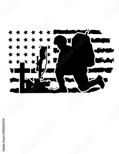 US Soldier Kneeling | US Army | Praying Soldier | Sign of the Cross | Veterans | US Soldier | Mourning Soldier | American Soldier | Original Illustration | Vector and Clipart | Cutfile and Stencil