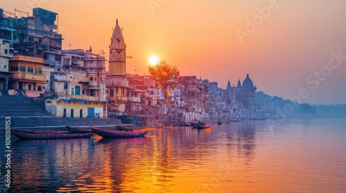 Serene Sunset Over River with Ancient Architecture