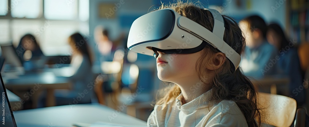Young Girl Wearing Virtual Reality Headset in a Classroom Setting Young Girl Wearing Virtual Reality Headset in a Classroom Setting