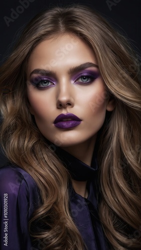 Woman with light wavy hair, purple eyeshadow, and defined cheekbones in portrait