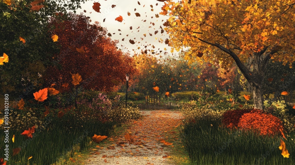 Fototapeta premium Beautiful Autumn Pathway with Falling Leaves