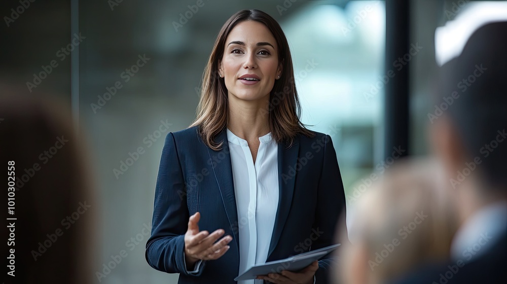 Professional woman giving a presentation in a modern setting Professional woman giving a presentation in a modern setting