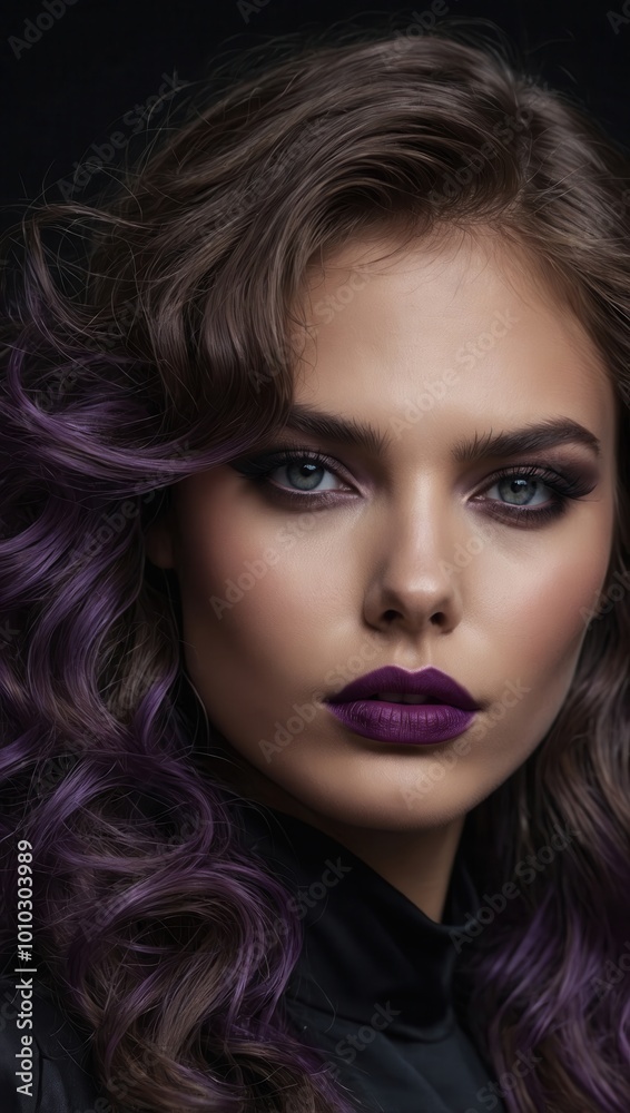 Fototapeta premium Woman with purple and blue wavy hair, dramatic makeup, and split effect design