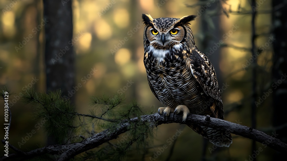 A great horned owl with bright yellow eyes perches on a branch in a forest. A great horned owl with bright yellow eyes perches on a branch in a forest.