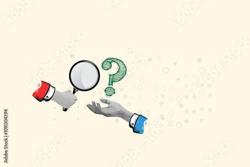 Problem analysis, find solution or answer, magnifying glass. Collage Art Vector illustration . Creative concept for web banner, social media banner.