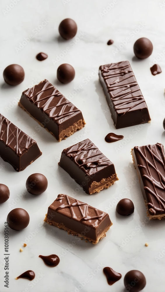 Close-up of chocolate bars with dark chocolate drizzle and peanut butter cups on white background Close-up of chocolate bars with dark chocolate drizzle and peanut butter cups on white background