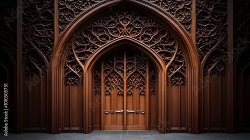 Dramatic Gothic Architectural Arches with Intricate Wood Carvings in Dark Interior