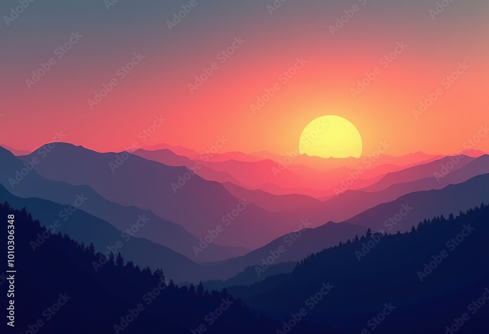 Golden Hour Serenity: A Breathtaking Minimalist Landscape with Vibrant Sunsets and Majestic Mountains