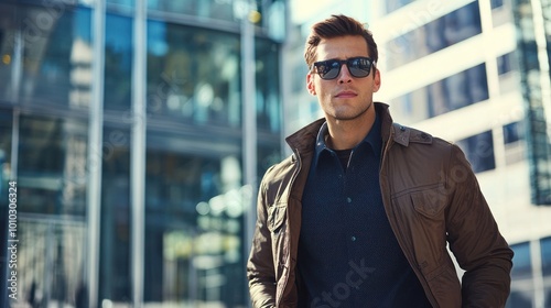 Trendy casual menswear displayed on a model in a modern, stylish city setting.