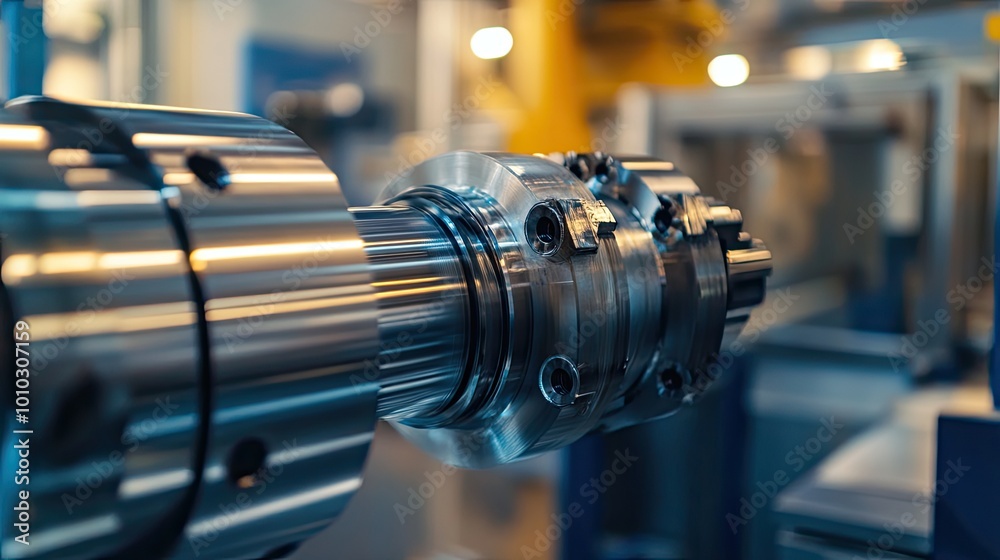 Close-up of a Polished Metal Gear Assembly in a Factory Setting Close-up of a Polished Metal Gear Assembly in a Factory Setting