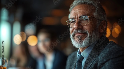 A distinguished older man with glasses smiles warmly in a social setting.