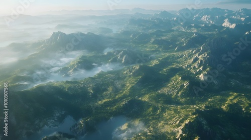 Aerial View of Misty Mountain Ranges