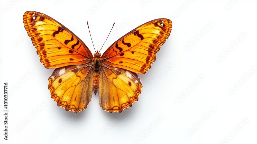 A beautiful orange butterfly with brown markings on its wings, isolated on a white background. A beautiful orange butterfly with brown markings on its wings, isolated on a white background.