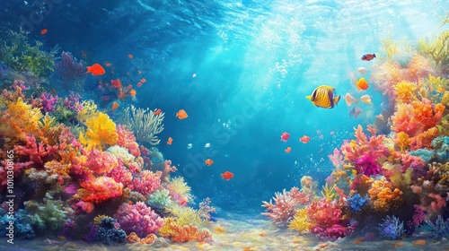 Vibrant Underwater Scene with Colorful Coral Reef and Fish