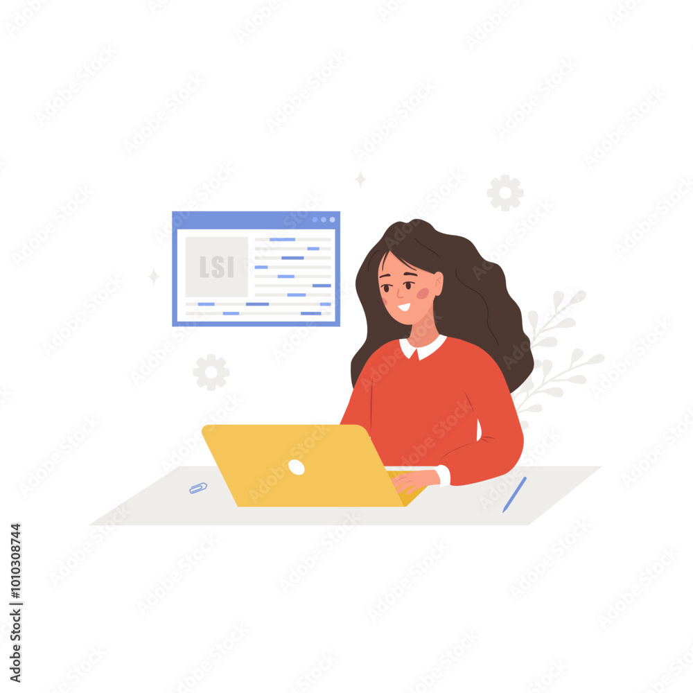 Lsi keyword generation. Latent Semantic Indexing. Key phrases generator. Vector illustration in cartoon style. Female character with laptop is engaged in Web analysis and word search optimization. Lsi keyword generation. Latent Semantic Indexing. Key phrases generator. Vector illustration in cartoon style. Female character with laptop is engaged in Web analysis and word search optimization.