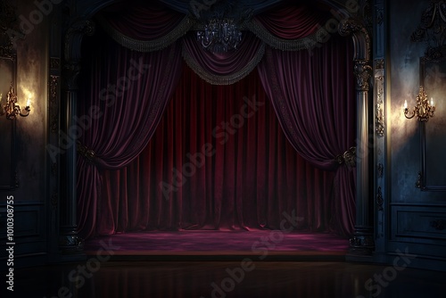 Dark Red Velvet Curtains Stage Background with Ornate Trim