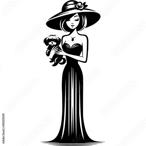 Lady in long evening dress and hat holding small dog in her hands in monochrome. Simple minimalistic vector in black ink drawing on transparent background