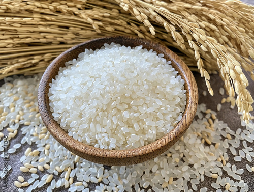 Golden rice ear and white round grain northeast rice photo