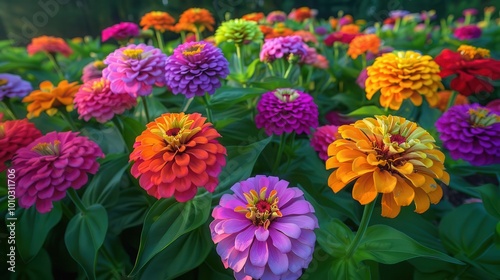 Expansive zinnia garden, symmetrical design, sunset glow, bird's-eye view, vibrant hues, detailed blossoms, wide-angle lens