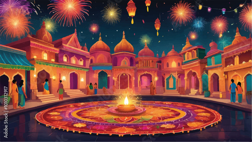 Vibrant Diwali Celebration with Diyas, Lanterns, and Colorful Rangoli Patterns

