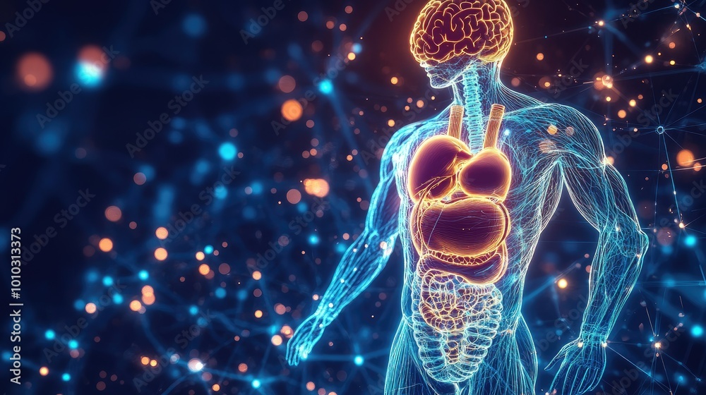 human anatomy with glowing organs showcasing brain, heart, liver, and intestines human anatomy with glowing organs showcasing brain, heart, liver, and intestines