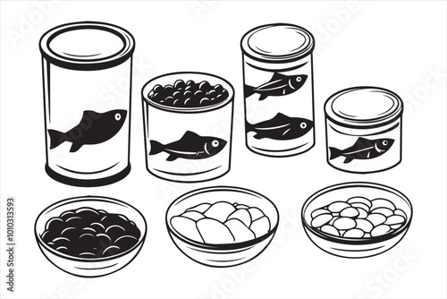 A set of canned fish caviar squid and seaweed Delicious seafood In black ink
