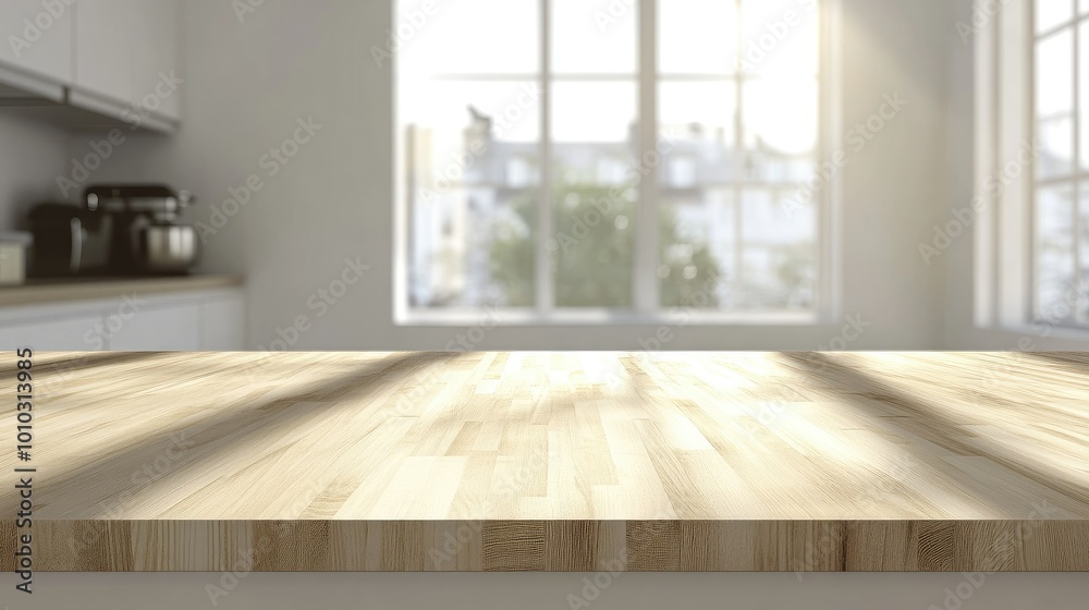 Wooden light empty table top in modern white kitchen, kitchen panel in interior Wooden light empty table top in modern white kitchen, kitchen panel in interior