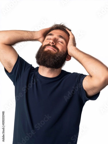 Happy young man isolated on white background. Confident handsome male model wearing t-shirt with casually pose looking away. Barbershop services, cosmetic for men ads.